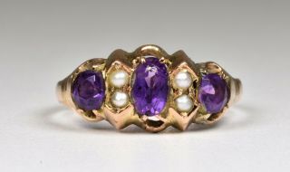 Antique Victorian 9ct Rose Gold Amethyst & Seed Pearl Ring,  1884