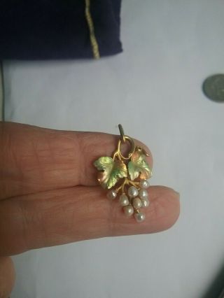 Antique Nouveau 14k Gold Enamel Leaves Pearl Grapes Bippart Griscom 14kt Pendant