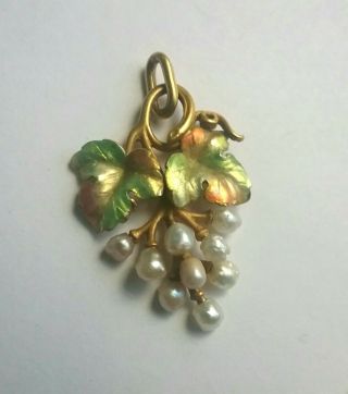 Antique Nouveau 14K Gold Enamel Leaves Pearl Grapes Bippart Griscom 14kt Pendant 2