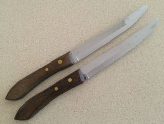 Two Ekco 4 1/2 " Serrated Blade Steak Knives Stainless W/wooden Handles Usa