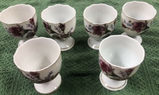 Set Of 6 Vintage Floral Egg Coddler Cups.  White Porcelain.  Japan Roses Gold Rim