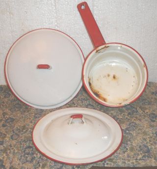 Vintage Enamel Cookware White With Red Trim Two Lids And One Sauce Pan