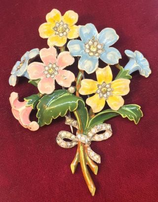 Large 1940’s Trifari Alfred Philippe Enameled And Pave Flower Bouquet Pin