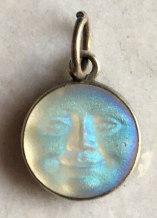 Vintage Sterling Silver Moon Face Iridescent Glass Charm Pendant Full Man Moon