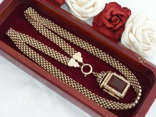C1890 Antique Victorian 10k Rose Gold Gf Mesh Chain Necklace & Photo Fob Locket