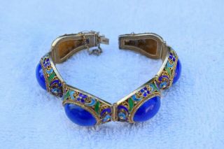 Oriental Silver Filigree Enamel Hinged Panel Lapis Lazuli Bracelet - Stunning