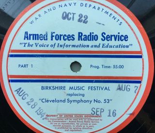 16 - Inch Transcription 33rpm Armed Forces Radio Services Birkshire Music Festival