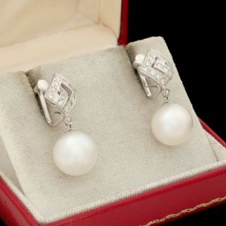 Antique Vintage Deco Retro 14k White Gold South Sea Pearl Diamond Drop Earrings