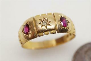 V Pretty Antique English 18k Gold Ruby & Diamond Trilogy Gypsy Ring C1902