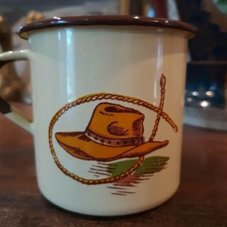 Vintage Monterrey Western Ware Enamel Tin Coffee Cup - Hat/rope.