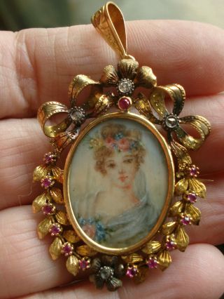 2 ",  Antique 15ct Gold Diamond Ruby Pendant Brooch,  Painted Bride,  Maiden,  10.  2g