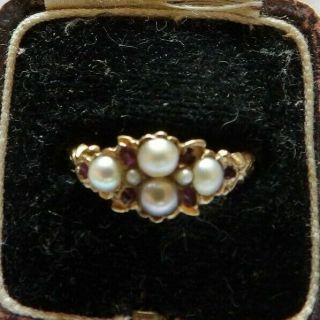 Early Victorian 18 Carat Yellow Gold Pearl & Ruby Ring Size N Orig Box Ia154