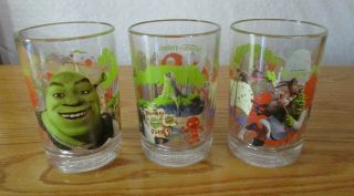 3 Shrek The Third Movie Collectible Mcdonalds Glasses 2007 Shrek