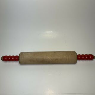 Vintage Solid Wood Wooden Rolling Pin With Red Handles 17 "
