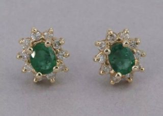 Vintage Bh Effy 14k Yellow Gold Natural Emerald & Diamond Halo Earrings