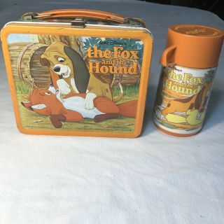 Vintage Metal Walt Disney “fox And The Hound” Lunch Box With Thermos