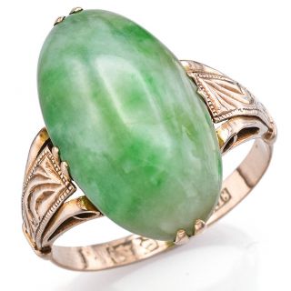 Vintage 18k Gold 8 Ct Green Jade Cabochon Oval Cocktail Ring Box & Receipt 4.  8g