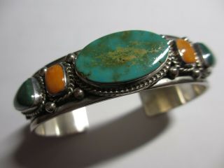 Xfine Vtg Navajo Albert Jake Sterling Green Turquoise&spiny Oyster Cuff Bracelet