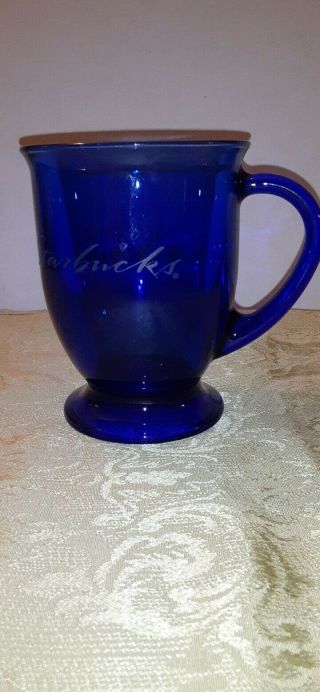 Starbucks Cobalt Blue Anchor Hocking Glass Coffee Cup/mug 16oz Etched,  Footed