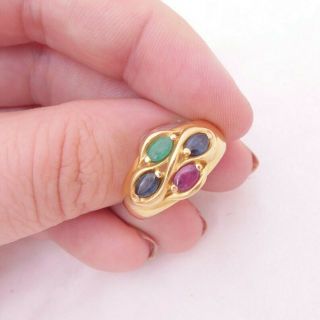 18ct Gold Ruby Emerald Sapphire Ring,  Vintage Designer Bjb