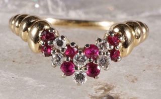 Vintage V - Shape Diamond And Ruby Ring 14k Yellow Gold Size 8.  5