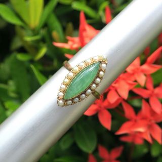 Vintage 14k Solid Yellow Gold Natural Jadeite And Pearl Ring Size 6.  25