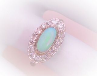 14k White Gold East/west Opal And Diamond Art Deco Cocktail Ring