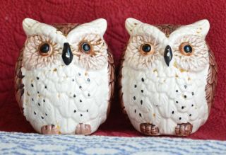 Horned Owl Salt & Pepper Shaker Set Ceramic Large Eye 3 1/4 " Inches Tall Vintage