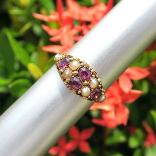 Victorian 14k Solid Yellow Gold Hand Carved Pink Sapphire And Pearl Ring Size 7