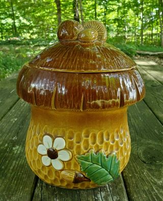 Vintage 1970s Mushroom Cookie Jar With Flowers And Acorns Design