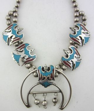Vintage Sterling Silver Peyote Bird Turquoise & Coral Squash Blossom Necklace