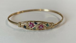 Vintage 10k Yellow Gold Ruby Emerald & Sapphire Diamond Flower Floral Bracelet