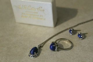 Vintage 14k White Gold Star Sapphire/diamond Necklace Earrings And Ring Set