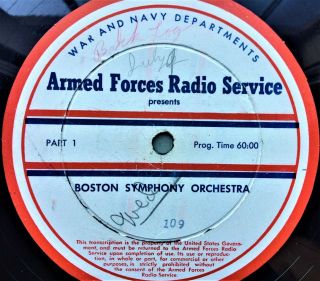 16 - Inch Transcription 33rpm Armed Forces Radio Services Boston Symphony