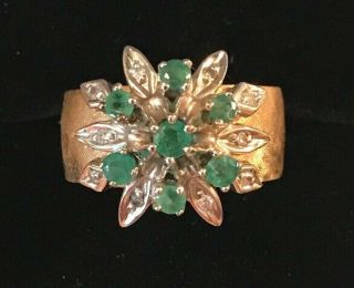 Vintage 14k Gold Emerald & Diamond Cocktail Ring Sz 7 - 1/2