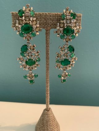 Vintage Christian Dior 1970 Green Clear Rhinestone Chandelier Earrings Jj29
