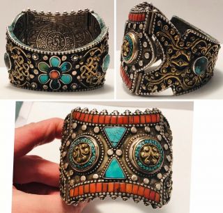 Huge Vintage Tibetan Sterling Silver Turquoise & Coral Hinged Cuff Bracelet