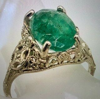 Estate $4000 4ct Colombian Emerald 14k White Gold Filigree Ring