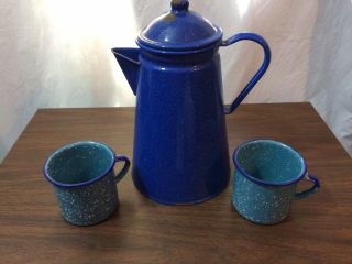 Vintage Blue With White Speckled Enamelware Coffee Pot,  Brew Basket,  2 Cups