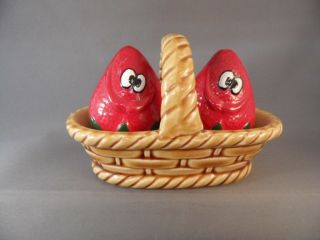 Comical Cute Strawberry Basket Salt & Pepper Shakers Hand - Painted Made In Japan