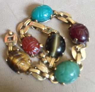 Vintage 14k Solid Gold Scarab Bracelet Hand Carved Semi Precious Stones