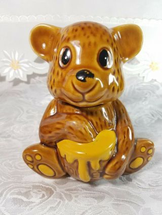 Vintage Ceramic Bear & Honey Pot W/ Dipper Made In Taiwan