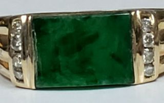 Vintage 18k Yellow Gold Fine Apple Green Jade 8 Diamonds Solid Size 9 Ring 6gram