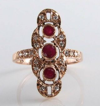 Long 9ct 9k Rose Gold Indian Ruby & Diamond Vintage Art Dec Ins Ring Resize