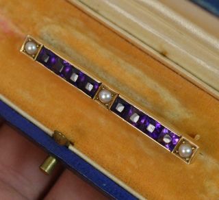 Art Deco 14ct Gold Amethyst And Seed Pearl Bar Brooch P1885