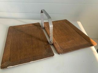 Vintage Wooden Folding Serving Tray Mid Century Brown Silver Rectangle Table