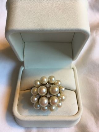 14k White Gold Diamond And Pearl Cluster Cocktail Ring Bling Big 14 Grams