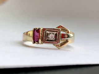Vintage 14k Yellow Gold,  Diamond And Ruby Buckle Ring Size 4