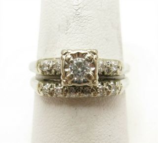Vintage 14k White Gold 1/5ctw Diamond Accented Solitaire Wedding Set Size 7