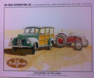 " 1940 Ford Station Wagon & 9n Tractor " Illustration 8x10 Reprint Garage Decor